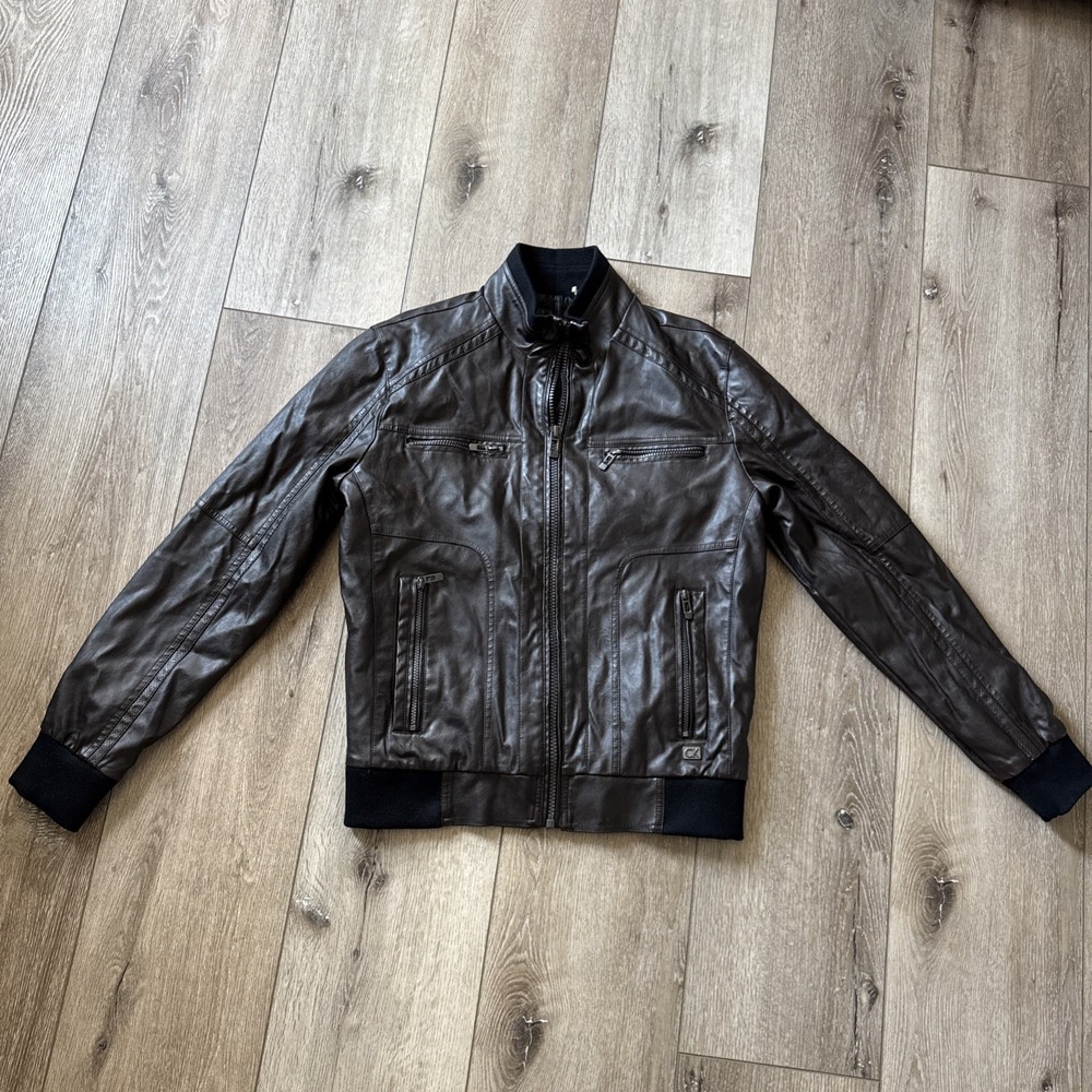 Calvin Klein Men's Brown Pleather Faux Leather Jacket Small‎ NWOT #871